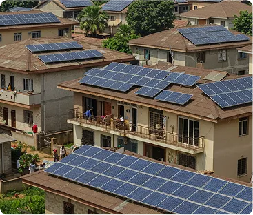 Solar panels on the roofs of the houses in a community. 
